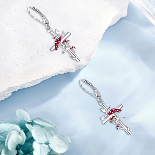 Flower Cross Earrings 925 Sterling Silver Daisy Butterfly Lily Violet Mushroom Dangle Drop Earrings Birth Flower Jewelry for Women Birthday Christmas Gifts - style: Mushroom Cross