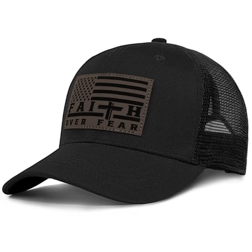 Faith Over Fear Christian Hats for Men Women, American Flag Trucker Hat, Religious Gifts for Thanksgiving Christmas - color: Black