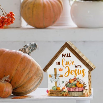 Christian Fall Decor, Fall in Love with Jesus House Shaped Wood Block Sign - color: Jesu-2