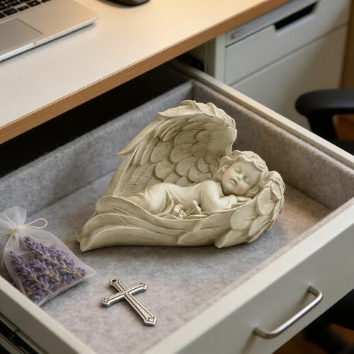 Sleeping Angel Statue, Baby in Wings Cherub Figurine - size: 7.9"H