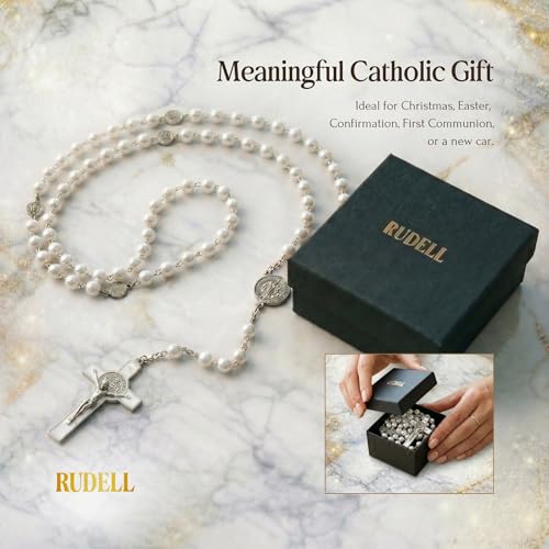 RUDELL Rosary Beads Catholic for Women - Rosary Necklace for Women with Pearl Beads - Medal Cross Saint Benedict Rosary for Men - Prayer Rosarios Catolicos Jewelry Gift - color: White