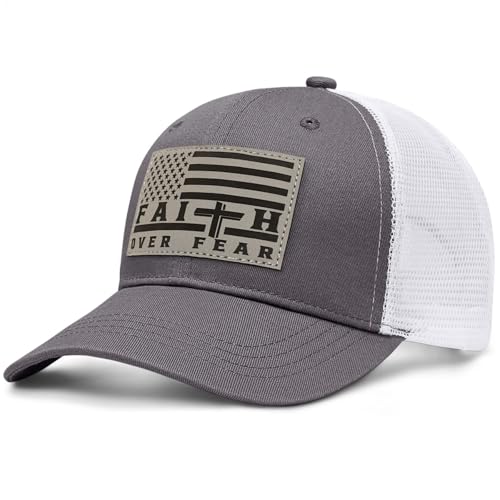 Faith Over Fear Christian Hats for Men Women, American Flag Trucker Hat, Religious Gifts for Thanksgiving Christmas - color: Grey