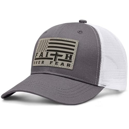 Faith Over Fear Christian Hats for Men Women, American Flag Trucker Hat, Religious Gifts for Thanksgiving Christmas - color: Grey