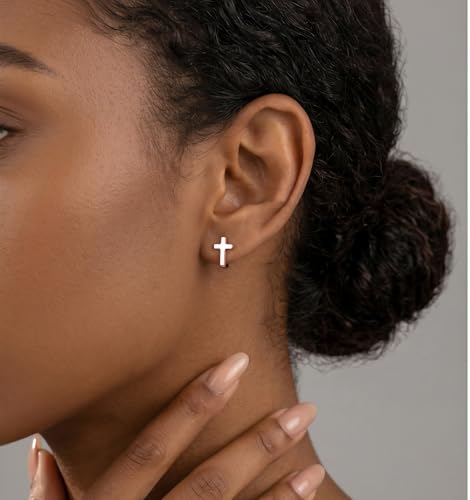 Reffeer Solid 925 Sterling Silver Cross Hoop Earrings for Women Teen Girls Small Cross Huggie Earrings Cartilage Helix - color: C-Rose Color