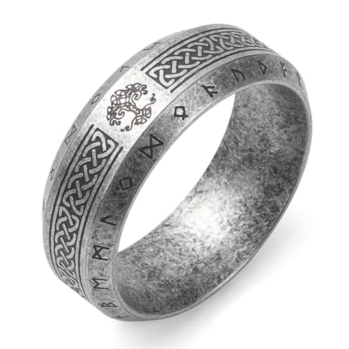 Viking Rings Stainless Steel Viking Norse Runes Wolf Raven Ring Jewelry for Men Women Size 7/8/9/10/11/12/13 - style: Viking Tree of Life&Runes A