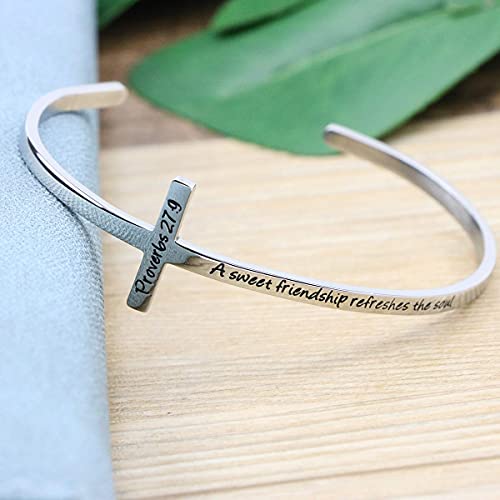 Memgift 𝐂𝐫𝐨𝐬𝐬 𝐁𝐫𝐚𝐜𝐞𝐥𝐞𝐭 Religious Cuff Bangle 𝐁𝐢𝐛𝐥𝐞 𝐕𝐞𝐫𝐬𝐞 Christian Gifts Jewelry for 𝐖𝐨𝐦𝐞𝐧 - style: Silver cuff-A sweet friendship refreshes the soul -Proverbs 27:9