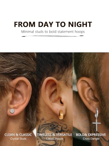 Oveta 16 Pairs 18G 16G Stainless Steel Mens Earrings, Earrings for Men with Studs Hoop Earring Cross Dangle Earrings Hypoallergenic Ear Piercing Jewelry for Men Women, Silver Gold Black - color: Black