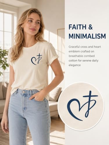 Muicy Women's Cross Heart Print Cotton Christian T-Shirts Religious Christian Tops for Summer Church 2026 - color: Apricot, size: Medium