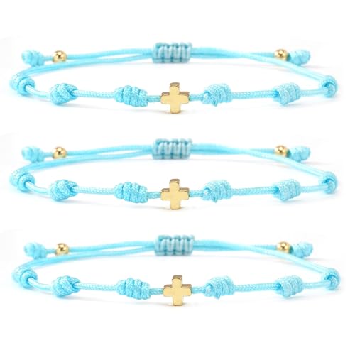 7 Knots Protection Good Luck Red String Rope Gold Cross Bracelet for Women Men, 3Pcs stack Evil Eye Handmade Amulet Adjustable Jewelry, God Christ Pray Friendship Gift - color: Sky Blue Cross