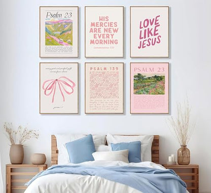 6Pcs Christian Wall Art Pink Bible Verse Scripture Wall Decor Unframed - size: 12x16 in posters