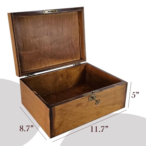 Large Wooden Box with Lock and Key, Vintage Memento Box for Men and Women, Rustic Brown Decorative & Lockable Memory Keepsake Box with Hinged Lid, Secret Lock Box, Keepsake Chest (Brown)