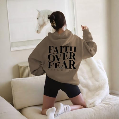 Faith Over Fear Christian Hoodies for Men Religious Jesus Hoodie Bible Verse Graphic Sweatshirt Fleece Pullover - color: Coffee, size: Medium