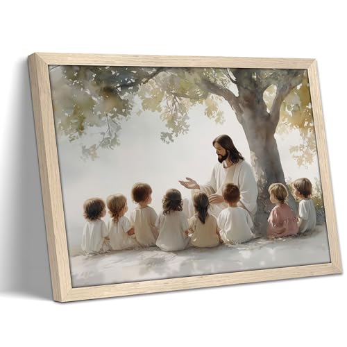 Jesus With Children Wall Art, Christian Jesus Teaching Kids Wall Decor Paintings, Religious Bible Canvas Print Pictures for Nursery Kids Room Prayer Room Home Decor Wood Framed 12x16 Inch - color: Jesus E, size: 16"L x 12"W