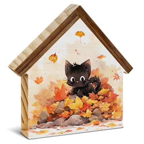 Cute Fall Decor, Black Cat Maple Leaves House Shaped Wood Sign - color: Cat