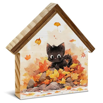 Cute Fall Decor, Black Cat Maple Leaves House Shaped Wood Sign - color: Cat