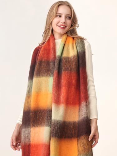 HOTIAN Women's Large Scarf Colorful Chunky Plaid Scarves Soft Winter Thick Tassel Warm Wrap Shawl - color: Tangerine (Falling Leaves)