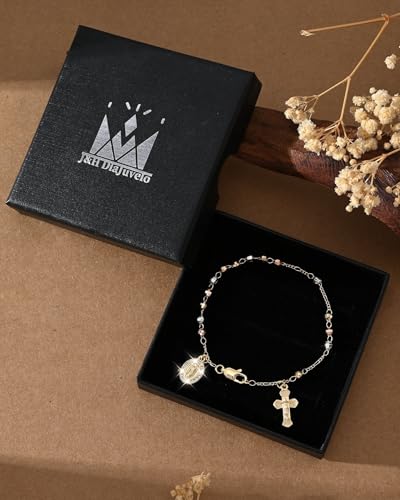 J&H DiaJuvelo Catholic Rosary Bracelet for Women 14K Gold Virgin Mary Rosarios Jesus Cross Charm Link Chain Virgen de Guadalupe Religious Jewelry Gifts for Confirmation Baptism First Communion - style: Gold Rosary C