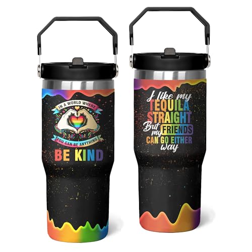 Rainbow Pride Flag Tumbler, Retro Be You Travel Mug, Gay Pride Cups Lesbian Gifts for Women Men, 30 Oz Stainless Steel Tumbler With Handle & Straw, LGBTQ Awareness Month Gifts - color: LGBTQ Awareness Tumbler-1