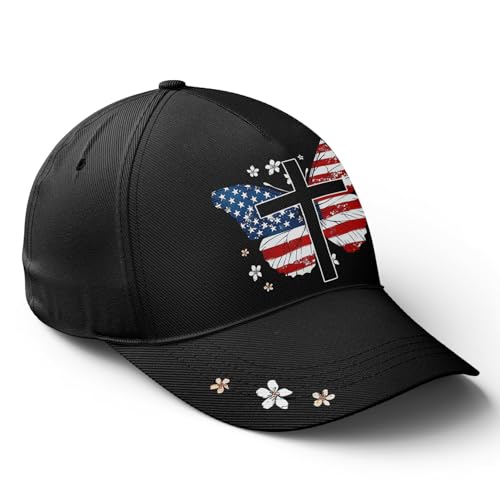 American Flag Christian Trucker Hat for Men Women, Adjustable Snapback Baseball Cap USA Pride Hat Religious Gifts - color: Black Red White Butterfly Cross