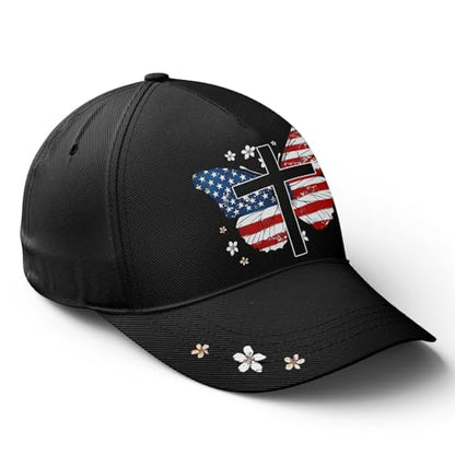 American Flag Christian Trucker Hat for Men Women, Adjustable Snapback Baseball Cap USA Pride Hat Religious Gifts - color: Black Red White Butterfly Cross