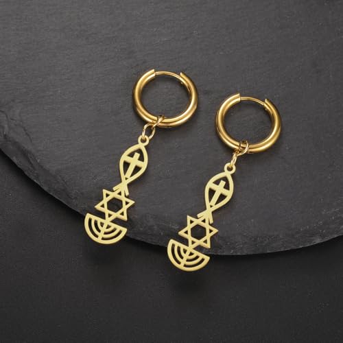 Messianic Seal Dangle Earrings Messianic Seal of Jerusalem Earrings Star of David,Ichthus with Cross,Menorah,Jewish Star Earrings Religious Hanukkah Jewelry Token of Prayer - color: gold2