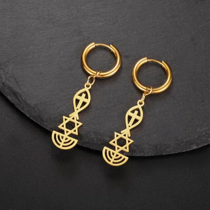 Messianic Seal Dangle Earrings Messianic Seal of Jerusalem Earrings Star of David,Ichthus with Cross,Menorah,Jewish Star Earrings Religious Hanukkah Jewelry Token of Prayer - color: gold2