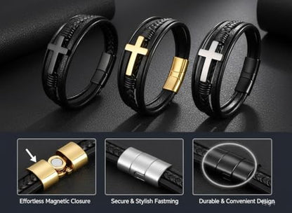 Stainless Steel Braided Leather Bracelet for Men Cuff Bangle Cross - color: 3 Colors