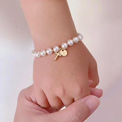 Cross Initial Bracelet Dainty Gold Cross Pearl Bracelet with Letter A-Z Christian Baptism Gifts Religious Faith Jewelry Stocking Stuffers for Teens - color: Gold A