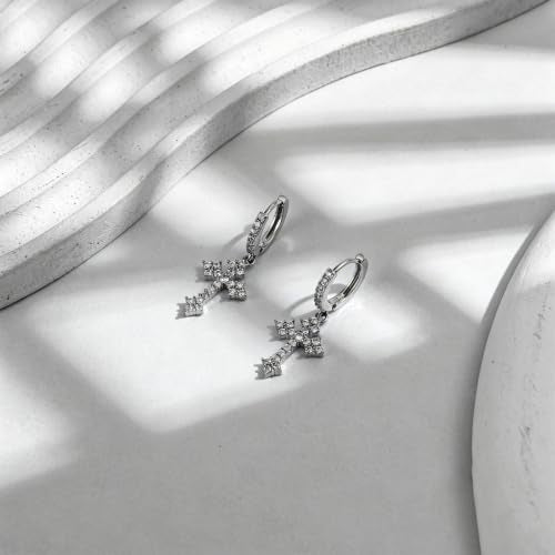 NEWITIN CZ Cross Earrings for Men Women 14K Gold Plated Huggie Hoop Earring - color: Silver A
