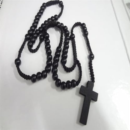 Natural Wood Beaded Cross Rosary Necklace Boho Handmade 8MM Wooden Beads with Jesus Cross Lightweight Rope Necklace for Men Women Religious Christian Prayer Fashion Jewelry Gifts - color: Black