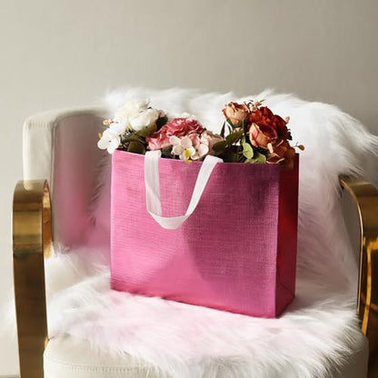 cabzymx Pink Reusable Gift Bags with Metallic Design, 25 Pcs Non-woven Gift Bag Bulk with Handles, Glossy Party Bags for Wrapping Gifts, Birthday, Wedding, Parties, Graduation-12.6x4.7x11 In - color: Pink, size: 1 Count (Pack of 25)