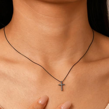 925 Sterling Silver Dainty Cross Necklace for Women Non Tarnish Waterproof - color: Black