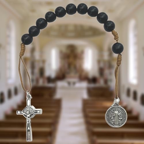 Pocket Rosary, Prayer Beads with Saints Medal and Cross/Crucifix - style: St Benedict, 11 Beads, Black Glass, One Decade