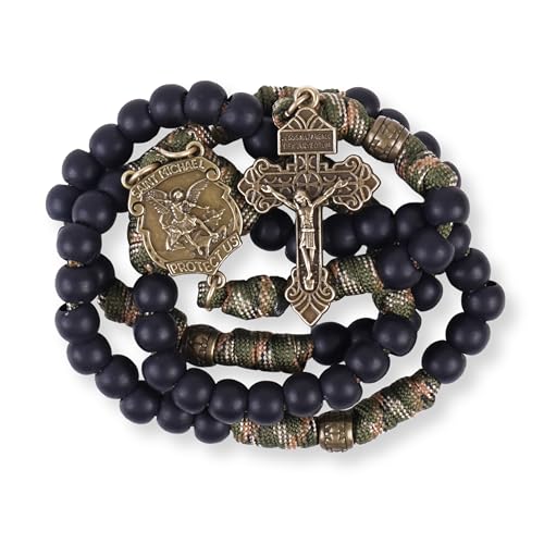 Nazareth Store St Michael Paracord Rosary Beads Rugged Rosary Necklace Strong Corded Catholic Pardon Crucifix - color: Black
