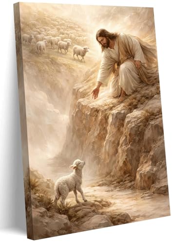 Jesus Saving the Lost Sheep Canvas Wall Art Jesus and Lamb ainting Picture Wall Decor Christian Baptism gifts Lamb of God Poster Prints for Living Room Prayer Room Church Home Decoration 24x36in - color: Jesus Saving Lamb, size: 24x36in-Canvas