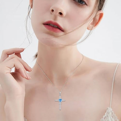 S925 Sterling Silver Cross Necklace for Women Birthstone Necklace Heart Infinity Cross Pendant Necklace Christmas Valentines Day Gifts Birthday Holiday Gifts for Her, 18"+2" Inches - color: 12-Dec Birthstone - Blue Topaz
