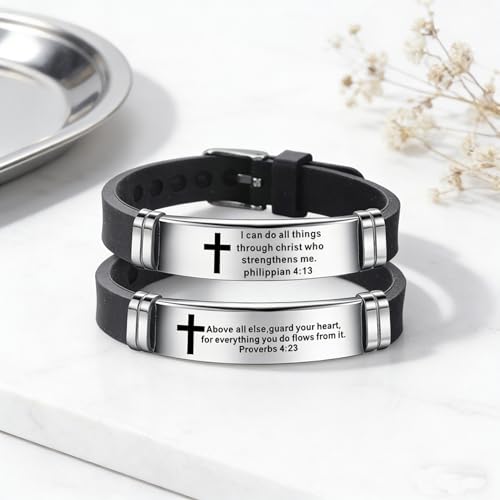 2Pcs Inspirational Quote Cross Bracelets Faith Christian Bible Verse Silicone ID Wristband Religious Bracelet Set Gift for Men Women - style: BR013/015