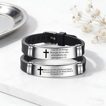 2Pcs Inspirational Quote Cross Bracelets Faith Christian Bible Verse Silicone ID Wristband Religious Bracelet Set Gift for Men Women - style: BR013/015