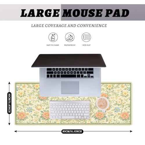Vintage Floral Mouse Pad Green Botanical Cottage Garden Extended Mousepad Waterproof Stitched Edges Rubber Base Non-Slip Deskmap Computer Keyboard Mat 31.5x11.8 Inch - color: Vintage Floral, size: 31.5" x 11.8"