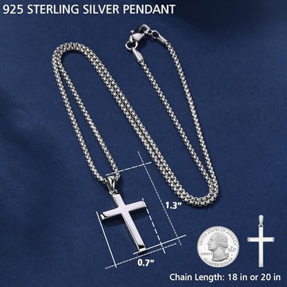 Small Dainty Cross Pendant Necklace 925 Sterling Silver for Women with 18", 20" Sturdy Chain 14K White Gold Plated - size: 20" Chain, style: Cuboid