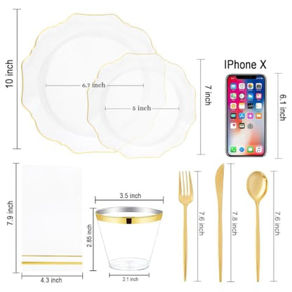 WDF 175Pcs Gold Plates Disposable - White and Gold Plastic Plates 25guest Plastic Dinnerware Ideal for Party/Wedding/Thanksgiving/Fall/Rosh Hashanah - color: White and Gold, size: 175 pieces