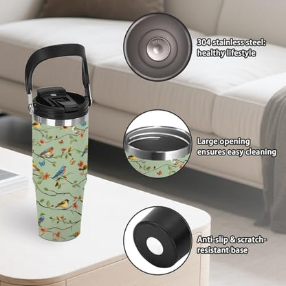 30oz Floral Insulated Tumbler with Straw Lid, Bird Lover Tumbler for Women - color: Bird1