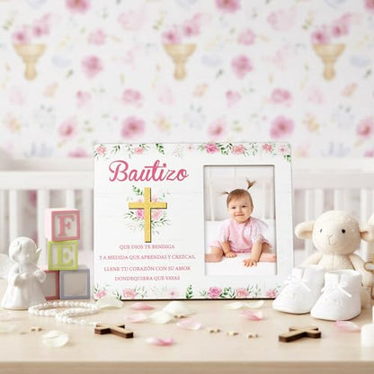 CJiangpo Spanish Baptism Picture Frame - Bautizo Gifts for Girls, Baby Religious Christening Gift Catholic Dedication Baby Shower Keepsake Pink Flower Wood Photo Frame from Godparents Friends Family