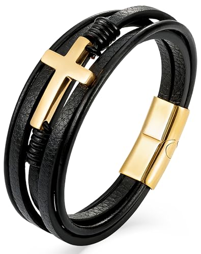 YL Mens Cross Viking Celtic Ankh Odin Compass Life Tree Leather Bracelet, 18K Gold/Black Rhodium Stainless Steel Christian Religious Protection Talisman Brown Cuff Handcrafted Jewelry Gifts - color: 18K Gold-Cross A-Black, size: 8.3"(210mm)