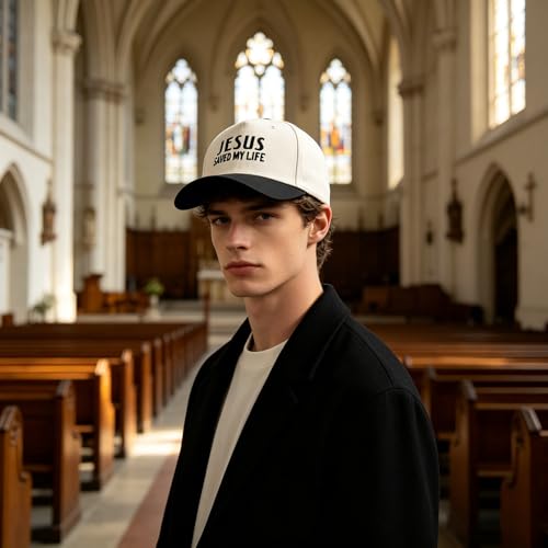 Embroidered Christian Two-Tone Baseball Cap for Men & Women, Adjustable Dad Hat Christmas Easter Gift - color: Jesus Saved My Life, Black/Beige