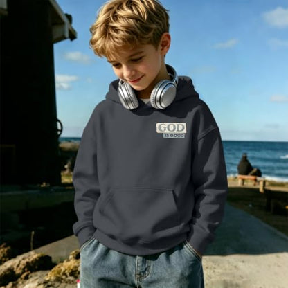 Fkatuzi Christian Graphic Hoodies For Boys Jesus God Is Good Hoodie Kids Faith Verse Bible God Religious Beach Pullover Tops - color: Deep Gray, size: 5-6 Years