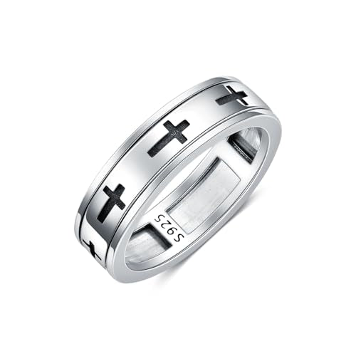 6mm Cross Rings for Men 925 Sterling Silver Lord’s Prayer Spinner Ring Wedding Band Ring for Men Women Size 8/9/10/11/12