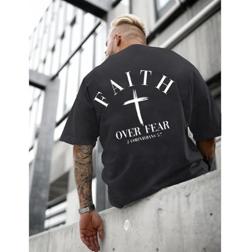Christian Faith Over Fear Shirt for Men Cross God Oversized T-Shirt Inspirational Jesus Religious Short Sleeve Tops - color: Black, size: X-Large