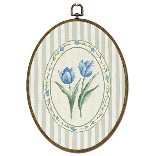 LLOKARNORA Preppy Blue Tulip Floral Oval Canvas Wall Art, Coquette Flower Framed Wall Art Decor, Farmhouse Grandmillennial Floral Prints Hanging Decor for Bedroom Bathroom, 8.7x11.3 Inch - color: blue flower