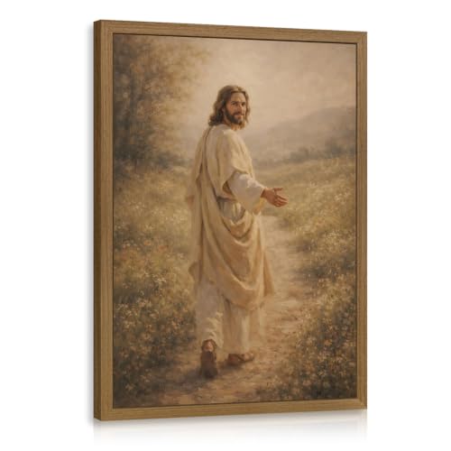 Dynazo Wood Framed Jesus Walking Wall Art, Christian Wall Decor, Inspirational Christian Faith Poster Print, Wildflower Landscape Religious Artwork for Living Room Bedroom Office 12x16 Inch - color: FollowJesus, size: 16"L x 12"W